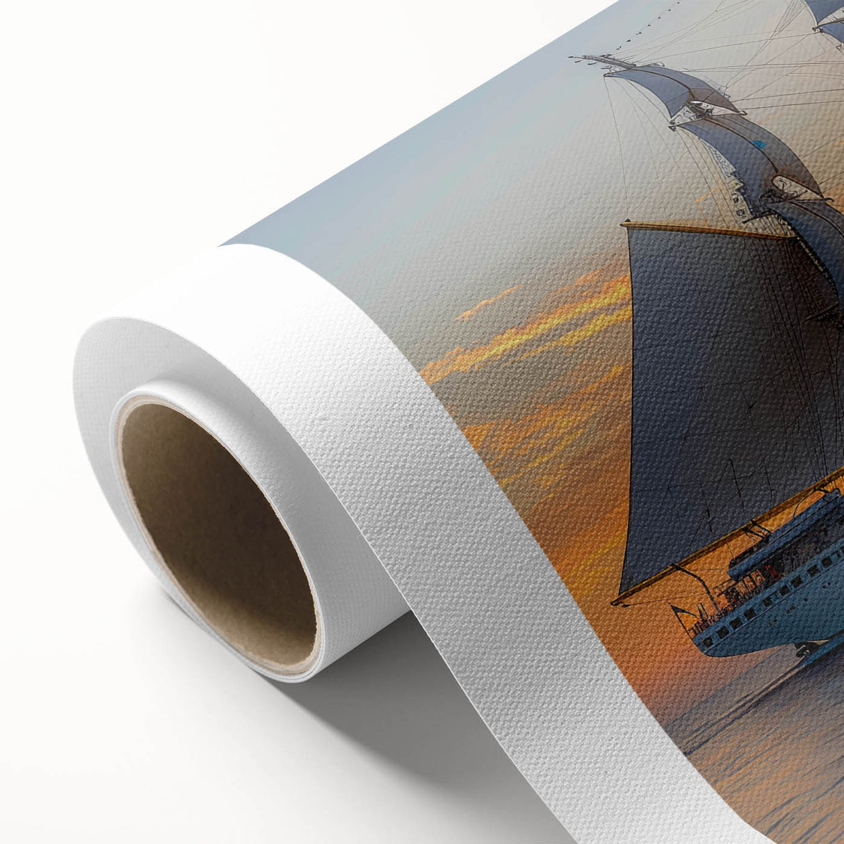 Art Deco style poster of a sailboat on rolled canvas, featuring pastel blue and cream colors, ideal for nursery wall art.