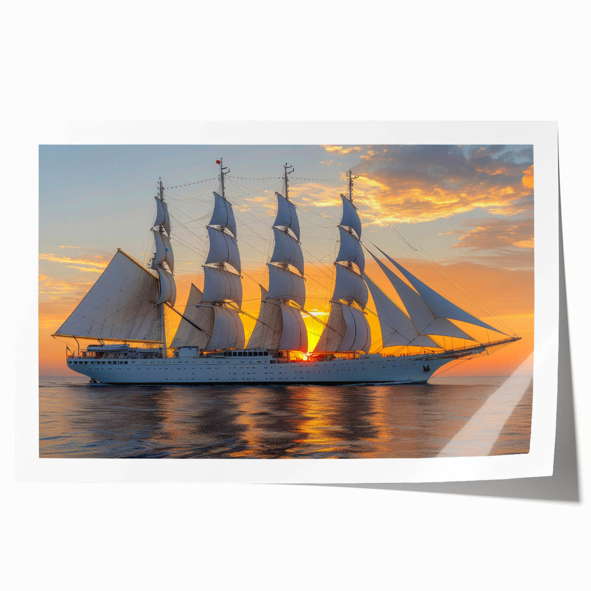 Rolled print of a sailboat on calm waters, rendered in soft blue and white tones, suitable as art wall for dining rooms.