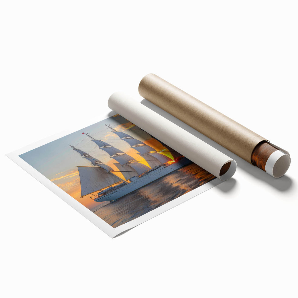 Extra large rolled print of a sailboat on muted blue ocean, ideal for classy bathroom wall art.