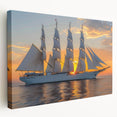 Sailboat on calm waters depicted in muted blue and white tones on a large stretched canvas, suitable for kitchen wall art.