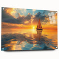 Acrylic print of a sailboat in muted blue and gray tones, suitable for dining room or bedroom decor.