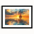 Abstract art print of a colorful sailboat on textured canvas, framed in black, ideal for living room decor.