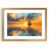 Textured art print of an abstract sailboat in gold and blue hues on a framed canvas, suitable for bedroom decor.