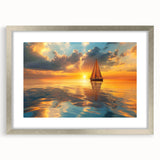 Abstract art print of a sailboat in muted blue and white hues on a framed canvas, suitable for dining room decor.