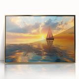 Mid-century modernist art depicting a sailboat in muted blues and whites, framed acrylic print.