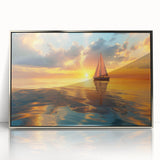 Art deco poster of a sailboat with silver frame, featuring pastel blue and white hues, ideal for nursery wall art.