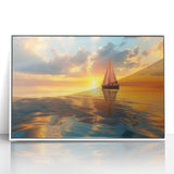 Mid-century modernist style sailboat on a calm sea, framed acrylic print in muted blue and white tones.