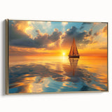 Framed canvas depicting a vintage sailboat in a colorful landscape, ideal for enhancing a living room or study.