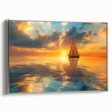 Vintage poster art of a sailboat, with colorful palette on black background, in a silver frame, ideal for living room decor.