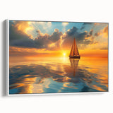Framed canvas featuring a vintage sailboat on a muted black and gray sea, ideal for bedroom wall art.