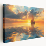 Sailboat on calm waters in muted blue and gray tones, stretched canvas, ideal for kitchen wall art.