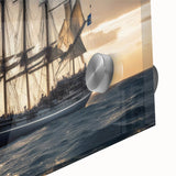 Mid-century modernist sailboat depiction in muted blue and white tones on acrylic glass, suitable as large dining room art.