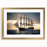 Abstract sailboat design in textured art on a gold-framed canvas, featuring cool blue and white hues.