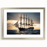 Abstract art print of a stylized sailboat in blue and white, framed in silver, suitable for dining room decor.