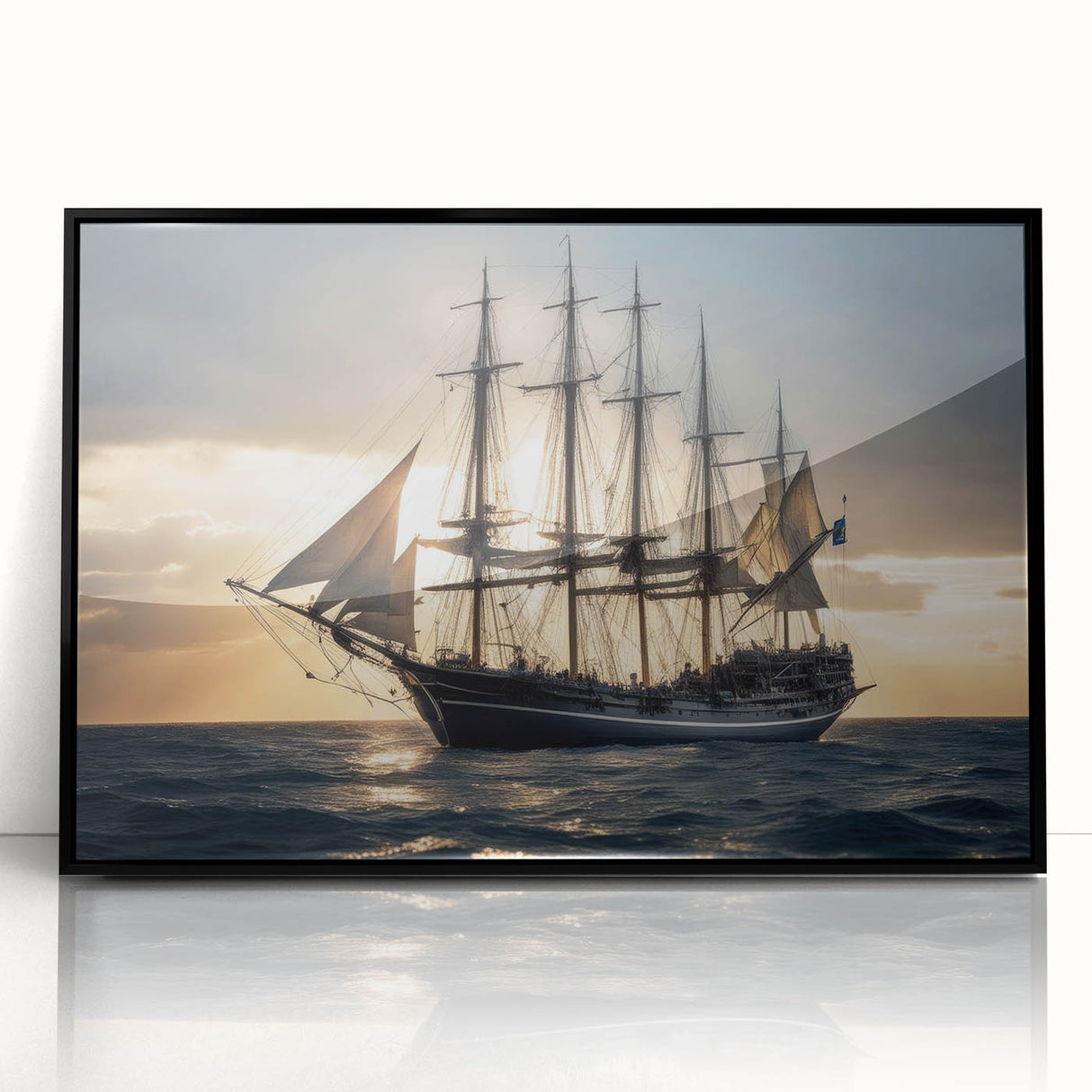 Large abstract wall art featuring a stylized sailboat in muted blue and gray, framed acrylic.