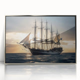 Art deco poster of a sailboat in muted blues and grays, acrylic print in silver frame, suitable for modern nursery decor.