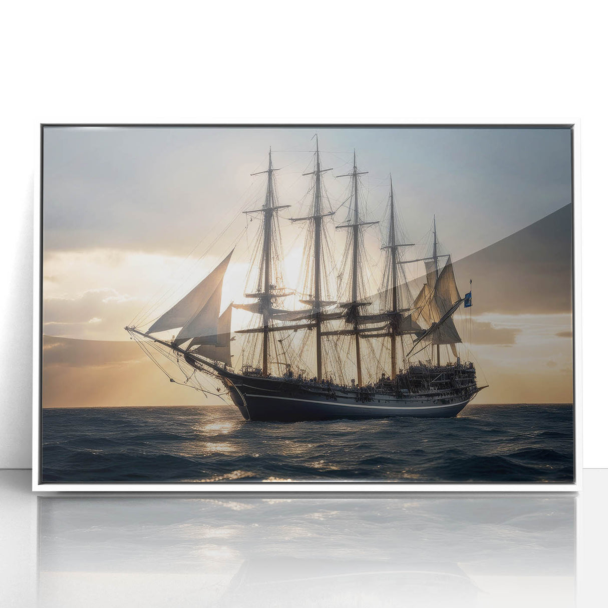 Framed acrylic print of a sailboat on calm waters, executed in mid-century modernist style with muted blue and gray tones.
