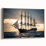 Framed canvas featuring a vintage sailboat on a black background with colorful accents, ideal for office decor.
