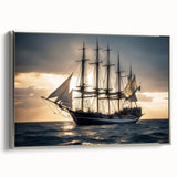 Vintage poster art of a sailboat on a silver-framed canvas, featuring a black and colorful palette.