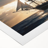 Art deco poster of a sailboat on a serene lake, using muted blue and white tones on rolled canvas.