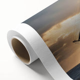 Art deco style poster of a sailboat on calm waters, in muted blue and white hues, ideal for nursery wall art.