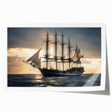 Rolled print of a sailboat on calm waters in muted blue and gray tones.
