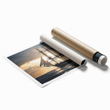 Extra large rolled print of a sailboat on calm waters in muted blue and gray tones, ideal for classy bathroom wall art.