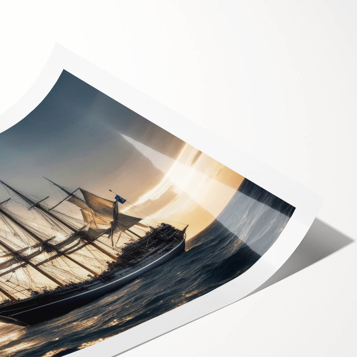 Extra large rolled print of a sailboat on calm waters, rendered in muted blue and gray tones.
