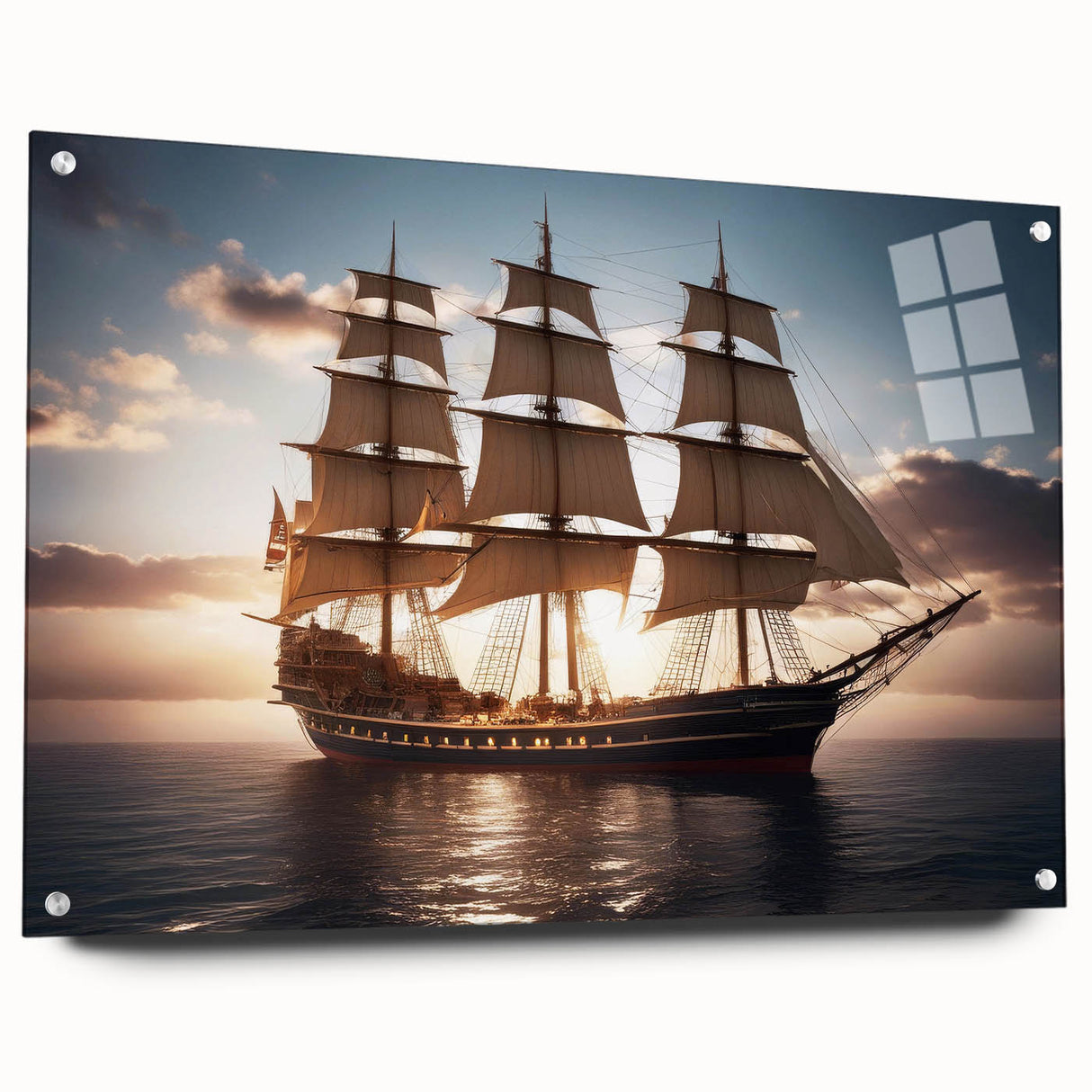 Acrylic print of a side-view sailboat in muted blue and white tones, suitable for bedroom or dining room wall art.