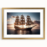 Textured abstract art print of a sailboat in cool blue tones on a gold-framed canvas, ideal for bedroom art.
