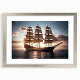 Abstract art print of a sailboat in muted blue and white tones on a framed silver mat, suitable for dining room decor.