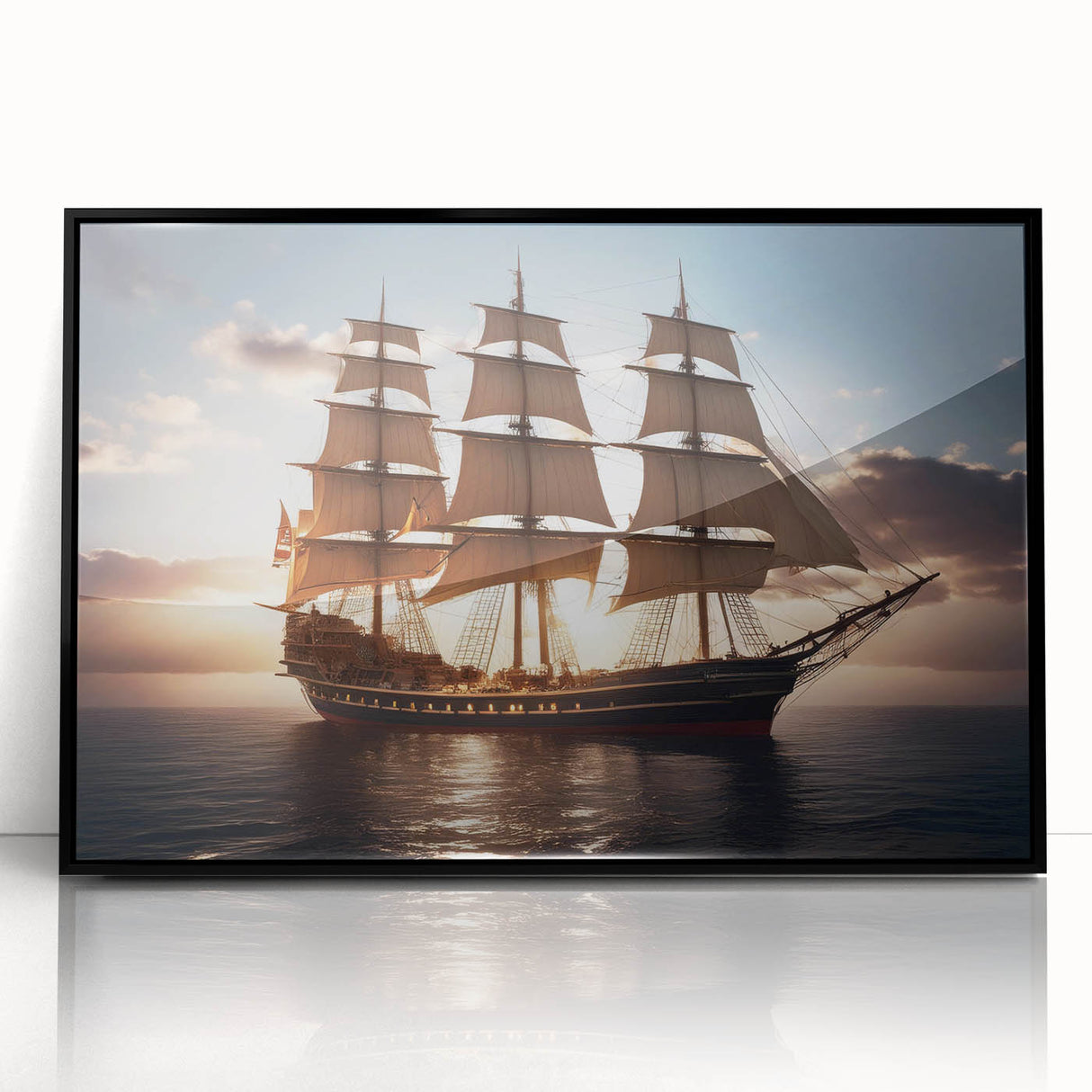 Large abstract wall art depicting a sailboat in vibrant blue and white tones on a black acrylic frame.