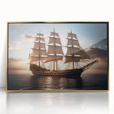 Mid-century modernist art of a sailboat in neutral and gold tones on a framed acrylic, suitable for modern art wall decor.