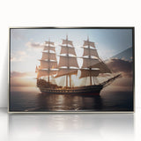 Art deco style sailboat illustration in silver frame, featuring muted blue and gray tones.