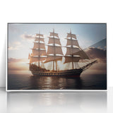 Framed acrylic print of a mid-century modernist sailboat on a calm sea, in muted blue and white tones.