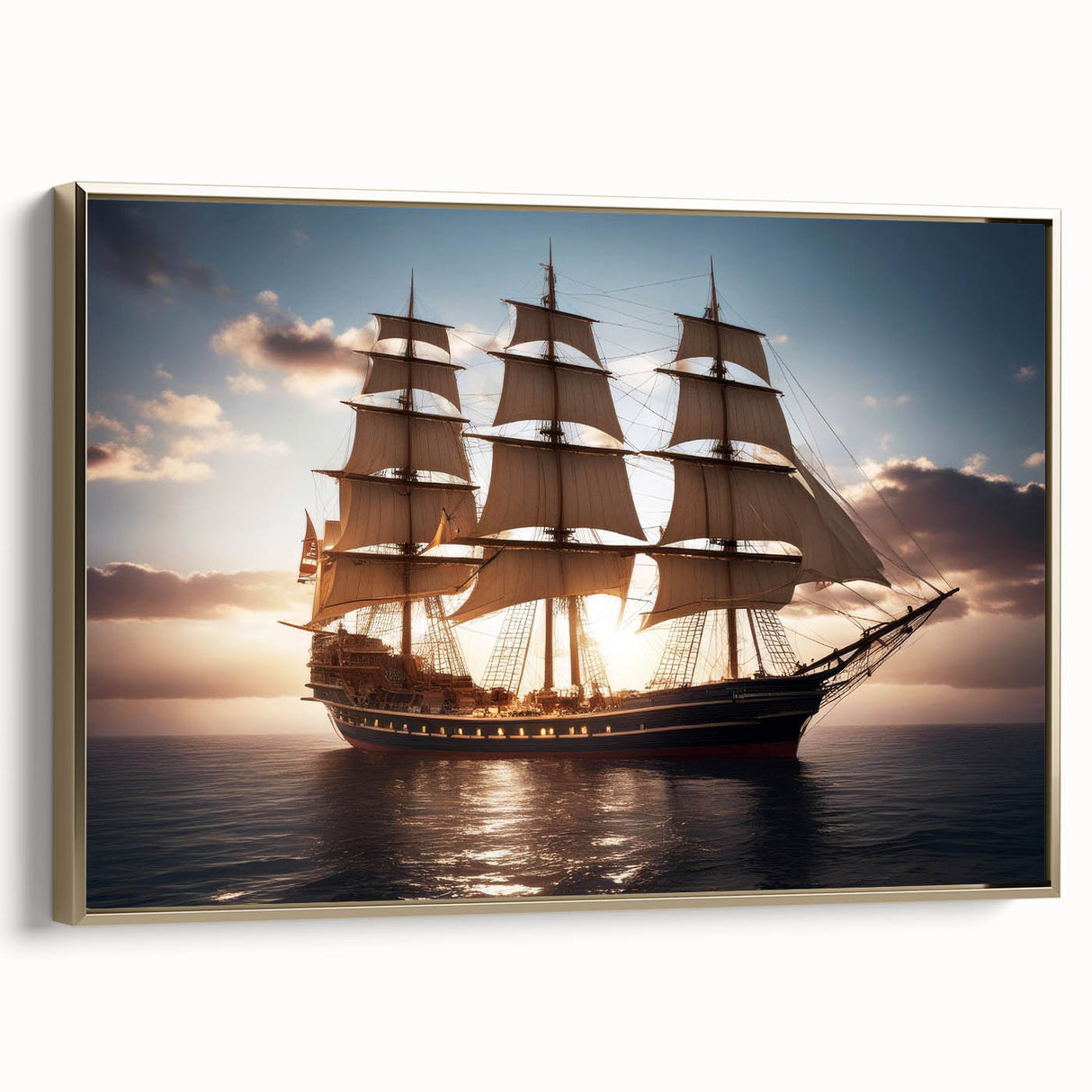 Framed canvas landscape art painting featuring a vintage style sailboat on a vibrant sunset-colored sea.