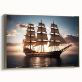 Framed canvas landscape art painting featuring a vintage style sailboat on a vibrant sunset-colored sea.