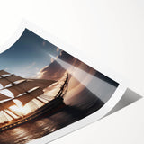 Extra large rolled print of a sailboat on calm waters in muted blue tones, ideal for large living room wall art.