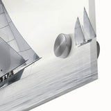 Large abstract sailboat art in muted blue and gray on acrylic glass, fitting for mid-century modern dining room decor.