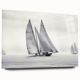 Acrylic print of a large abstract sailboat in muted blue and gray, ideal for bedroom or dining room art.