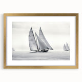 Abstract sailboat design in textured art style on a gold-framed canvas, featuring soft blue and white hues.
