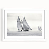 Extra large abstract art print of a sailboat, rendered in textured blue and white tones on a framed canvas.