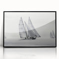 Large abstract wall art depicting sailboats in muted blue and gray tones on a framed acrylic panel.