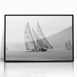 Large abstract wall art depicting sailboats in muted blue and gray tones on a framed acrylic panel.