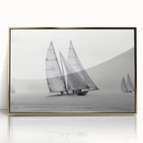 Mid-century modernist art of a sailboat with gold frame, featuring dark blue and white tones, ideal for nursery wall art.