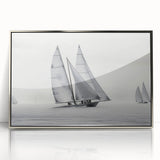 Art deco style sailboat on calm waters, rendered in muted blue and gray, framed acrylic print for nursery wall art.