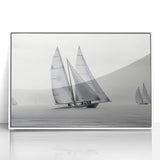 Mid-century modernist style sailboat painting on a large framed acrylic, featuring pastel blue and white tones.