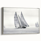 Vintage poster art of a sailboat, rendered in black with colorful accents on a silver-framed canvas.