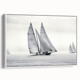 Sailboat on a calm sea depicted in muted gray and black tones on a framed canvas, ideal for bedroom wall art.