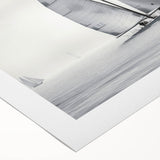 Art deco style sailboat poster in muted blue and white, printed on rolled canvas, suitable for dining room wall art.